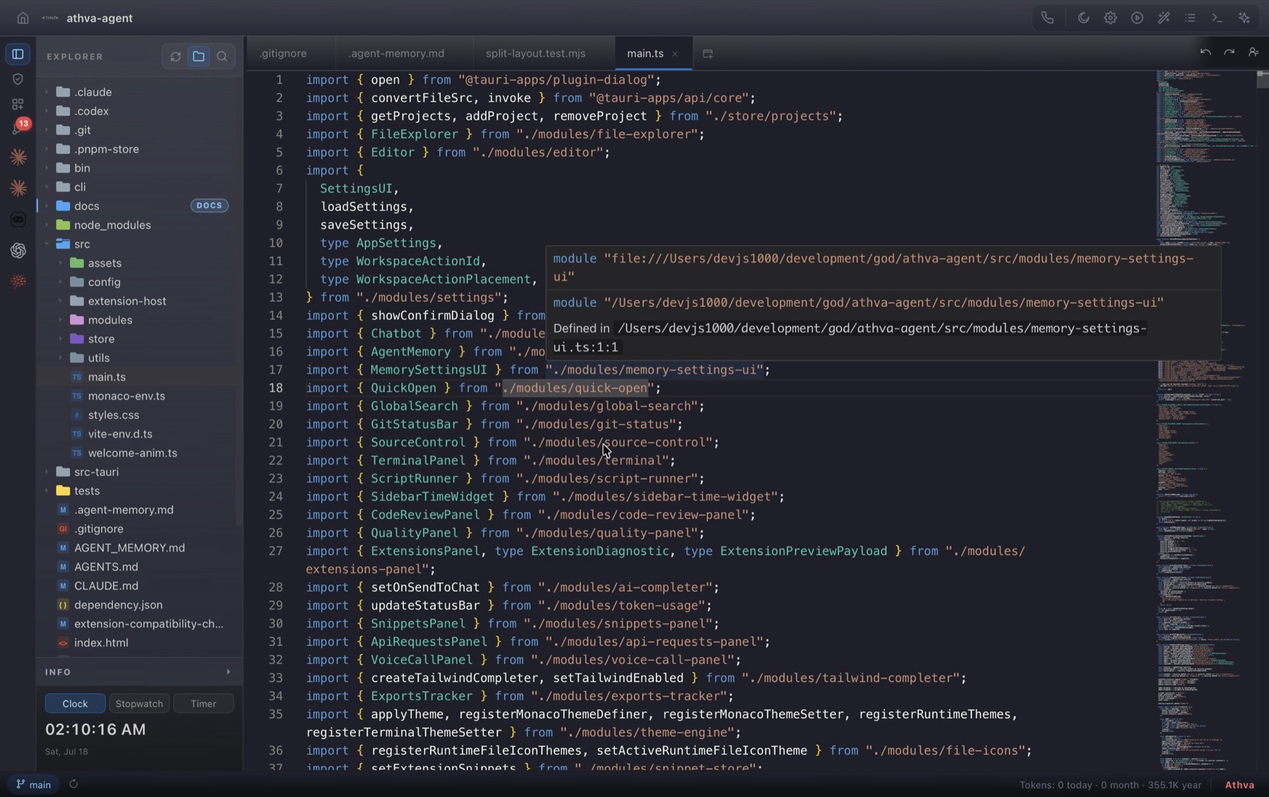 Athva editing main.ts with file explorer, hover tooltip showing module definition, minimap, and status bar — a familiar full editor experience