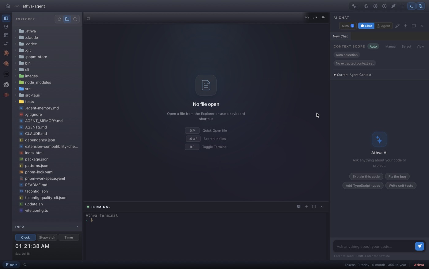 Athva editor shell with file explorer, terminal, and AI chat panel