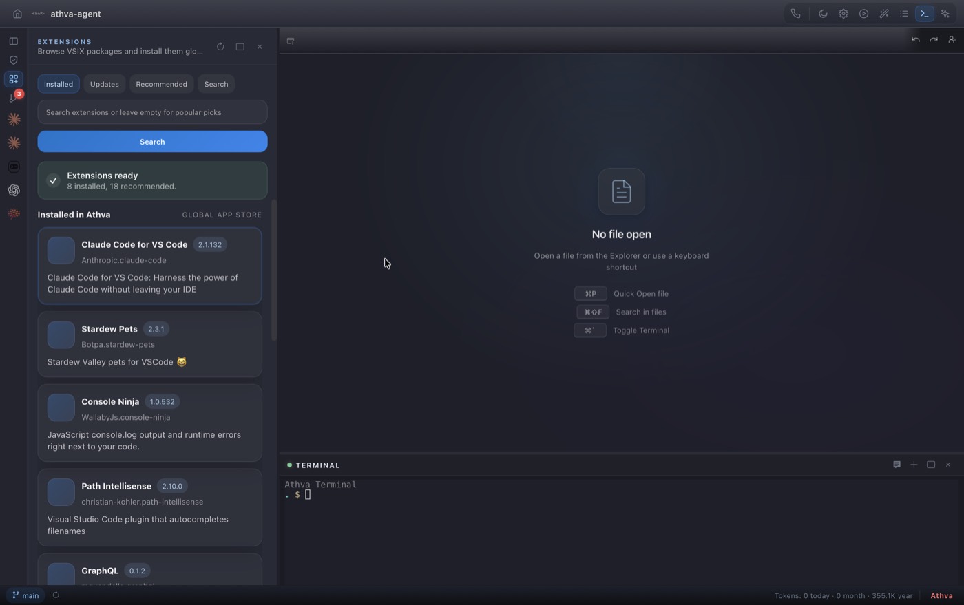 Athva extensions marketplace showing installed VS Code extensions including Claude Code