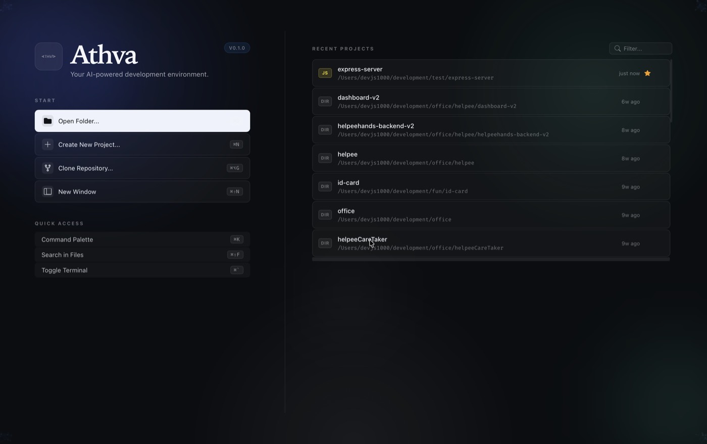 Athva welcome screen showing recent projects and quick actions